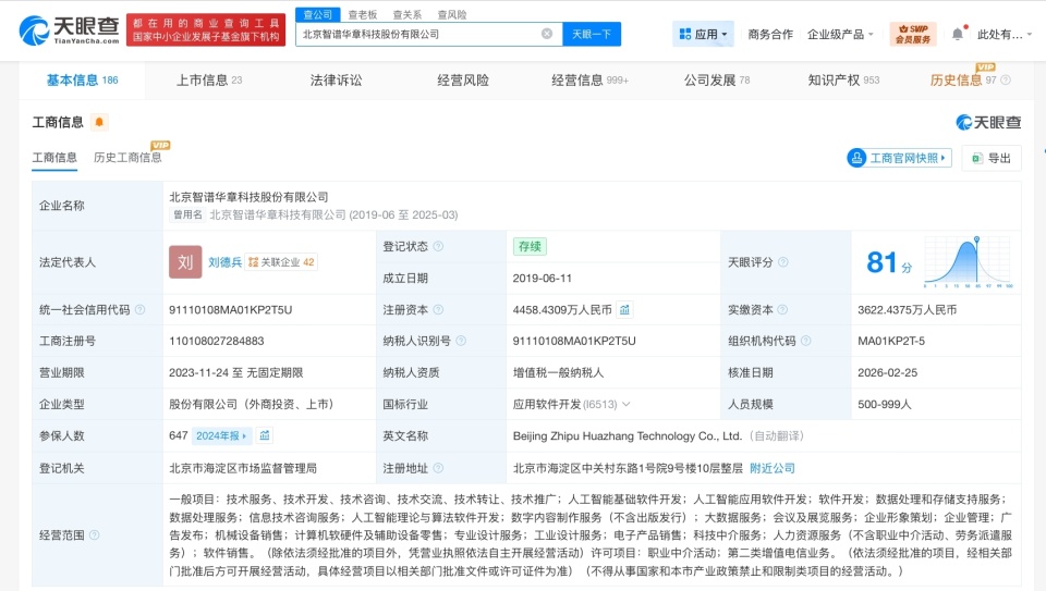 智譜AI完成新一輪增資，注冊資本增至4458.4萬元，發力數字內容制作服務